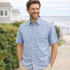 Izod Saltwater Button Down Shirt Mens XL Blue Short Sleeve Cotton Classic Fit